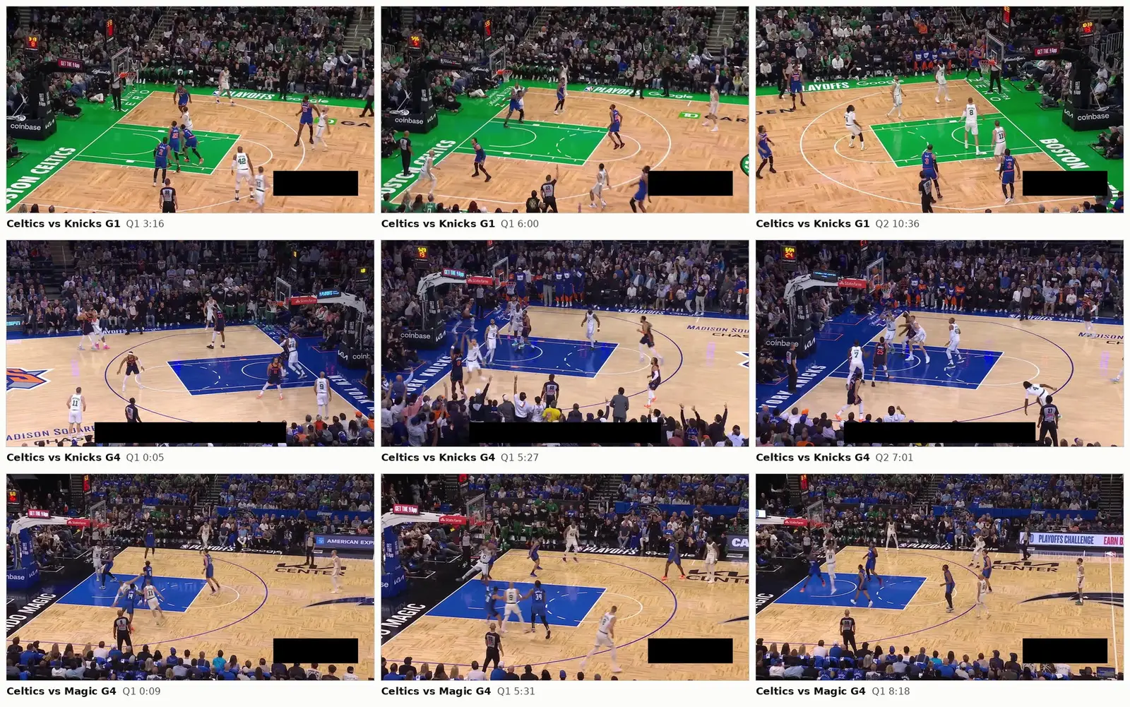 Nine frames from the dataset, one per clip, across all three games